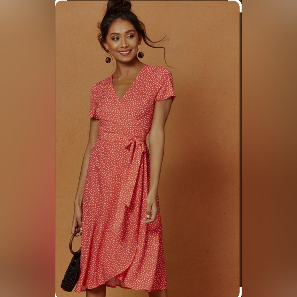 Charlie Holiday Penelope Wrap Midi Dress Red Ditsy Print